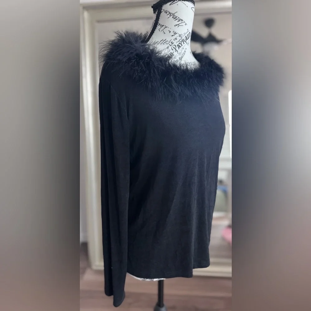 vintage 90s Y2K claudia richard faux fur collar Stretch top Women’s Size M